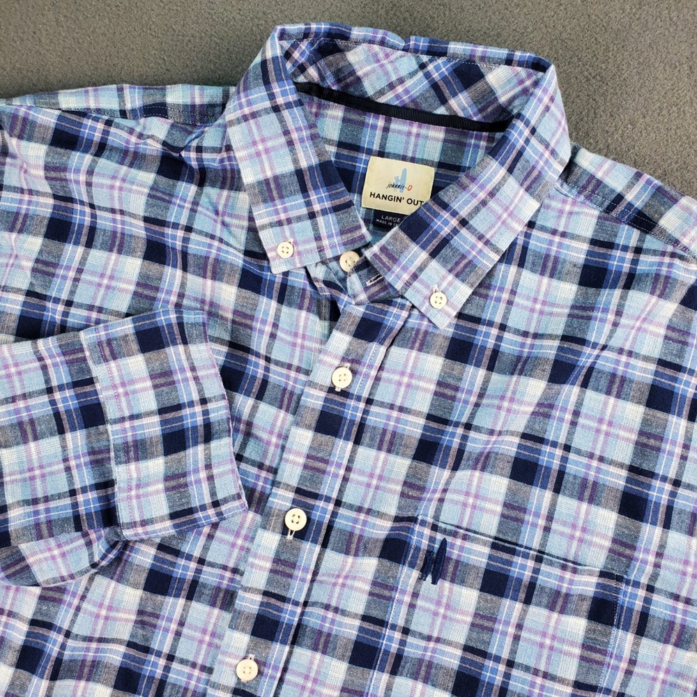 Hangin' Out Mens Button Down light flannel Shirt Plaid Check Blue Purple Large